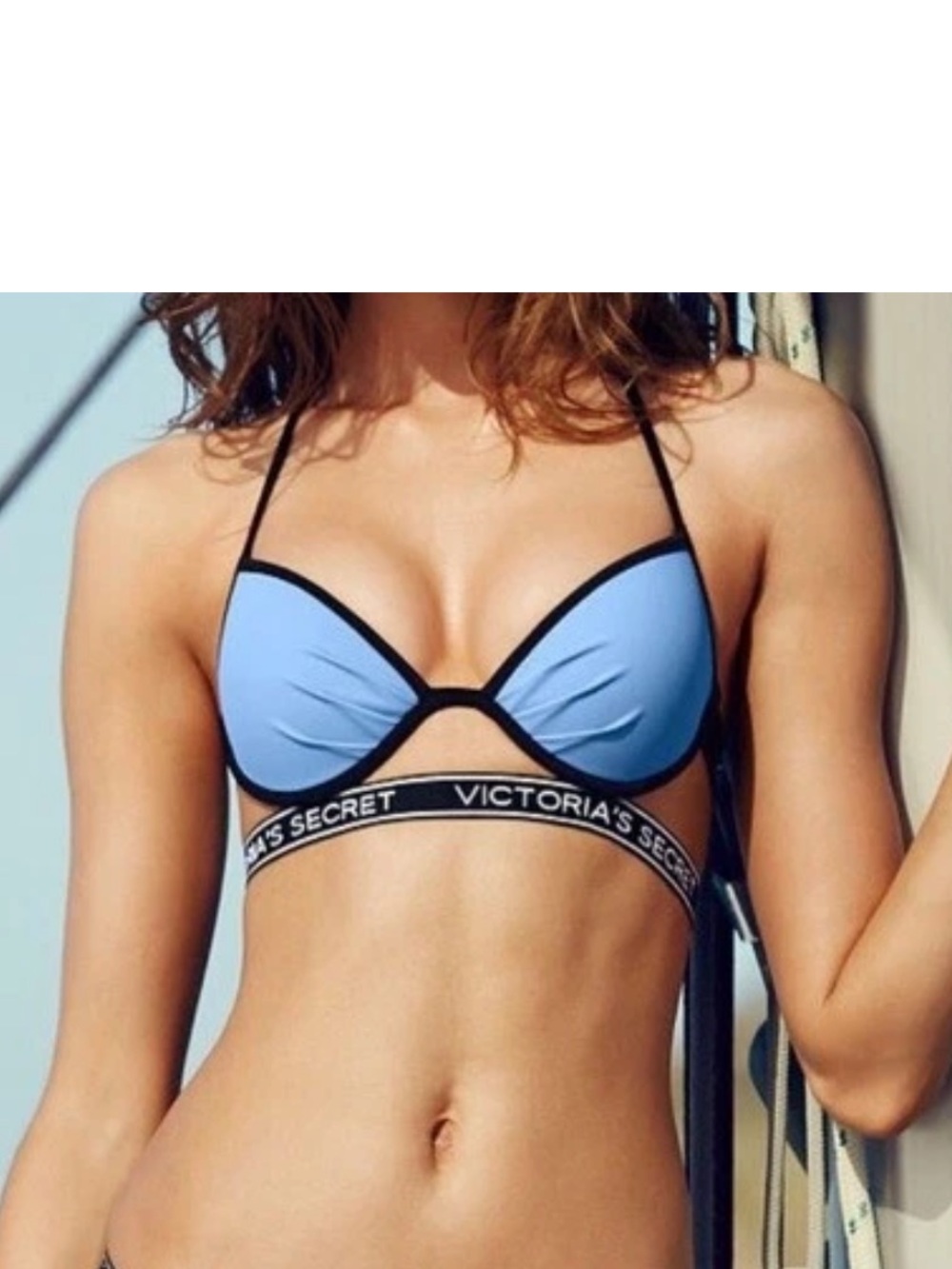 Victoria's Secret VS Blue/ Black Logo Band Strap Halter Bikini Swim Top Sz 34C